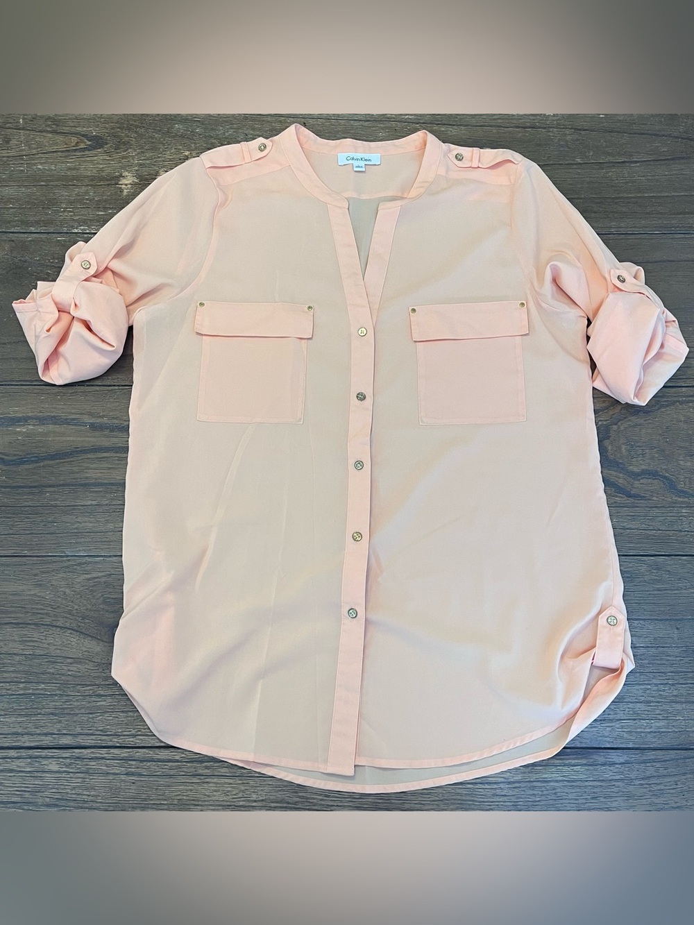 Calvin Klein Pale Orange Long Sleeve Sheer Blouse Shirt Women’s Large